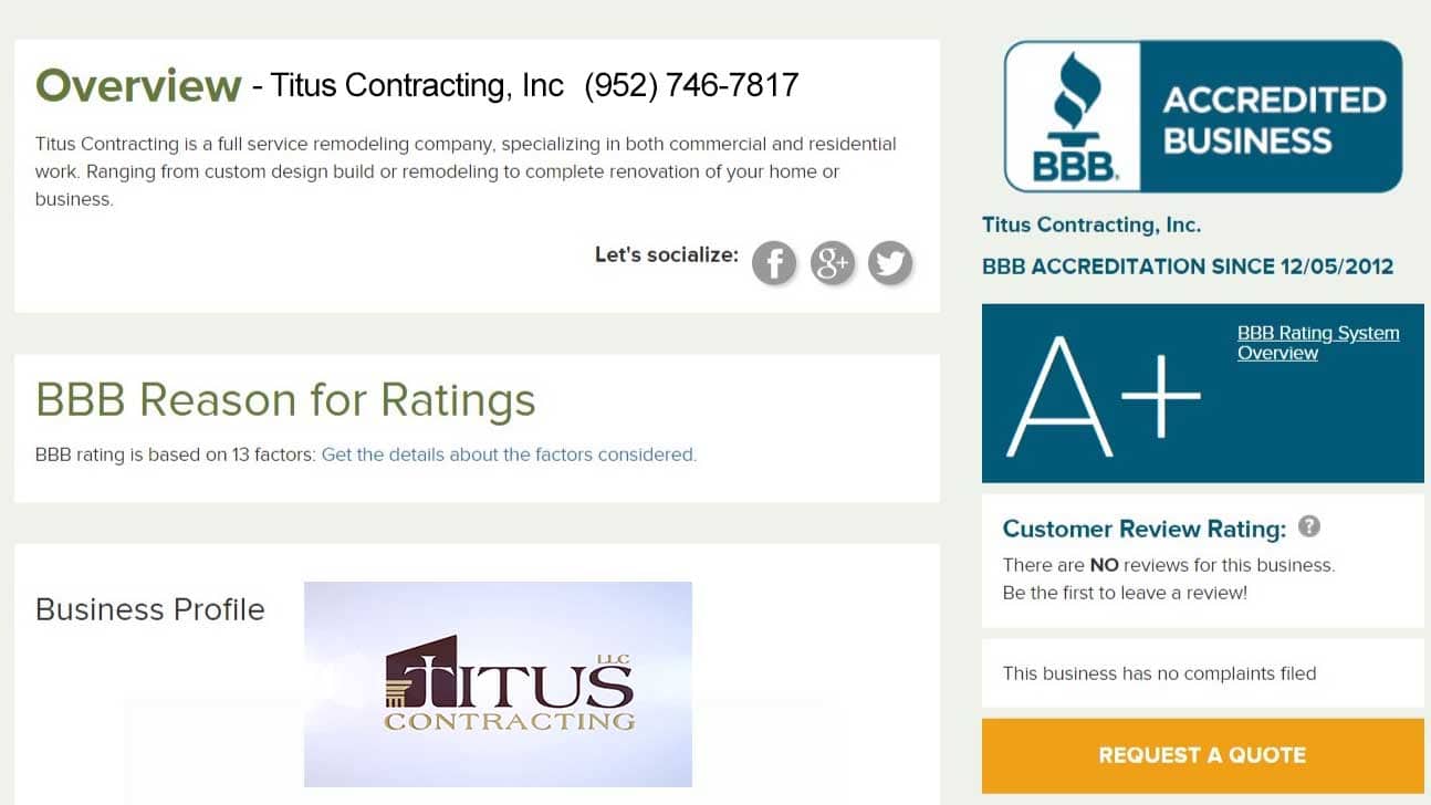 Titus Contracting Inc Joins the Better Business Bureau