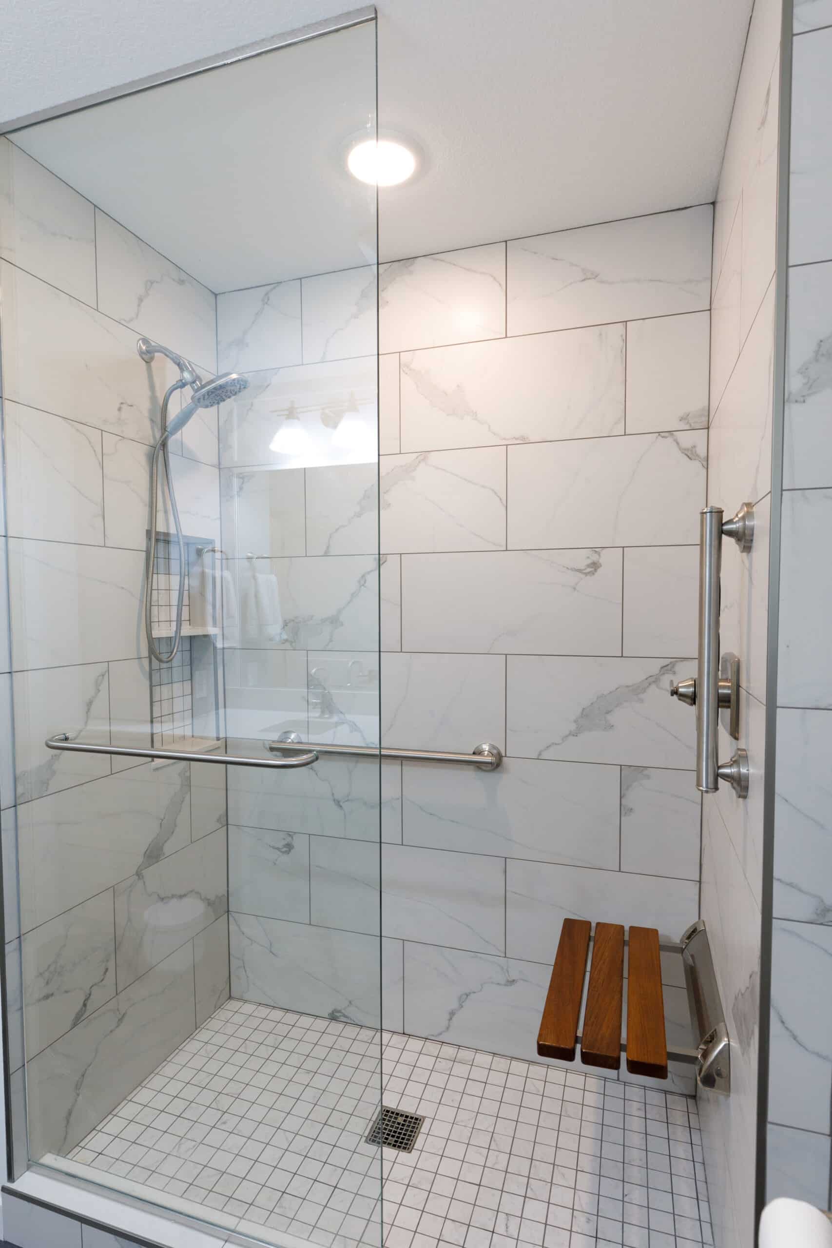 Bathroom walk in shower with glass doors
