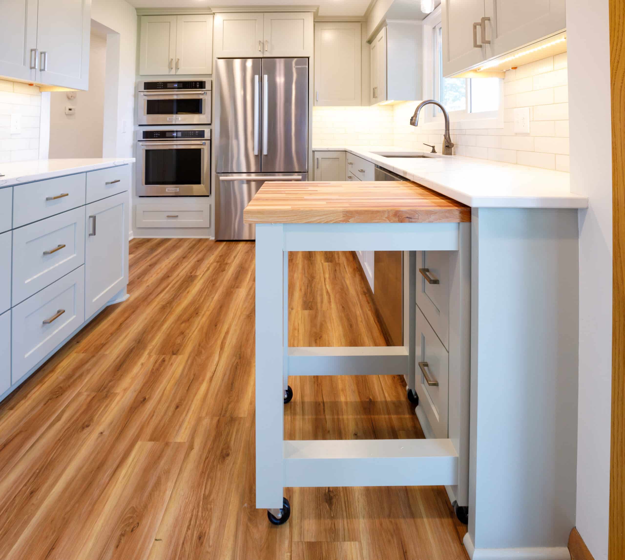 Custom butcher block kitchen cabinet pull-out
