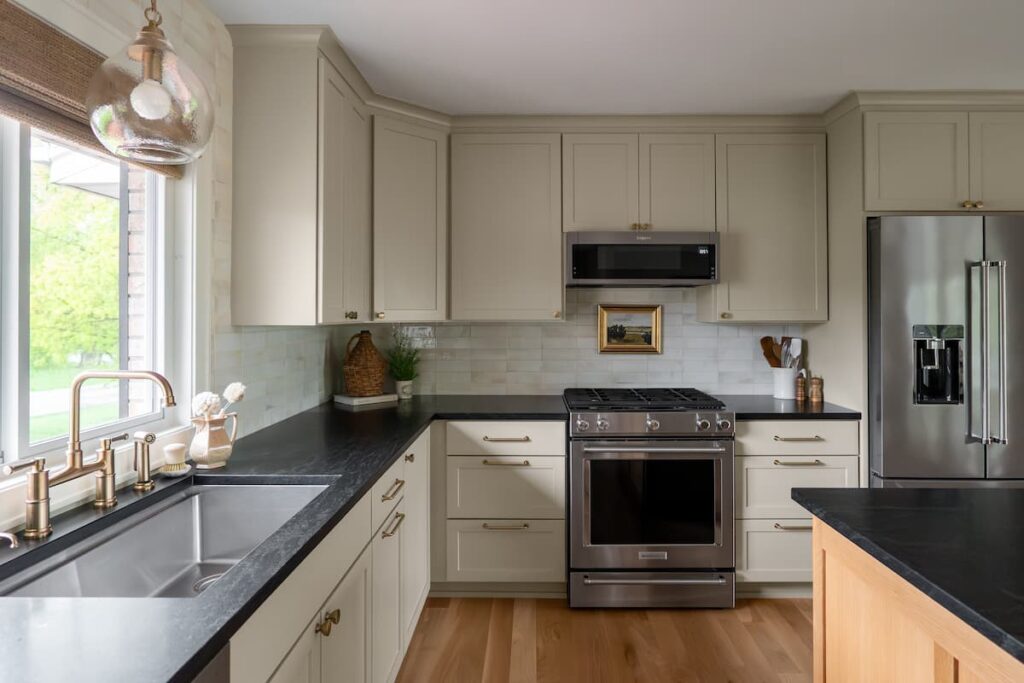 Open concept kitchen with contrasting island