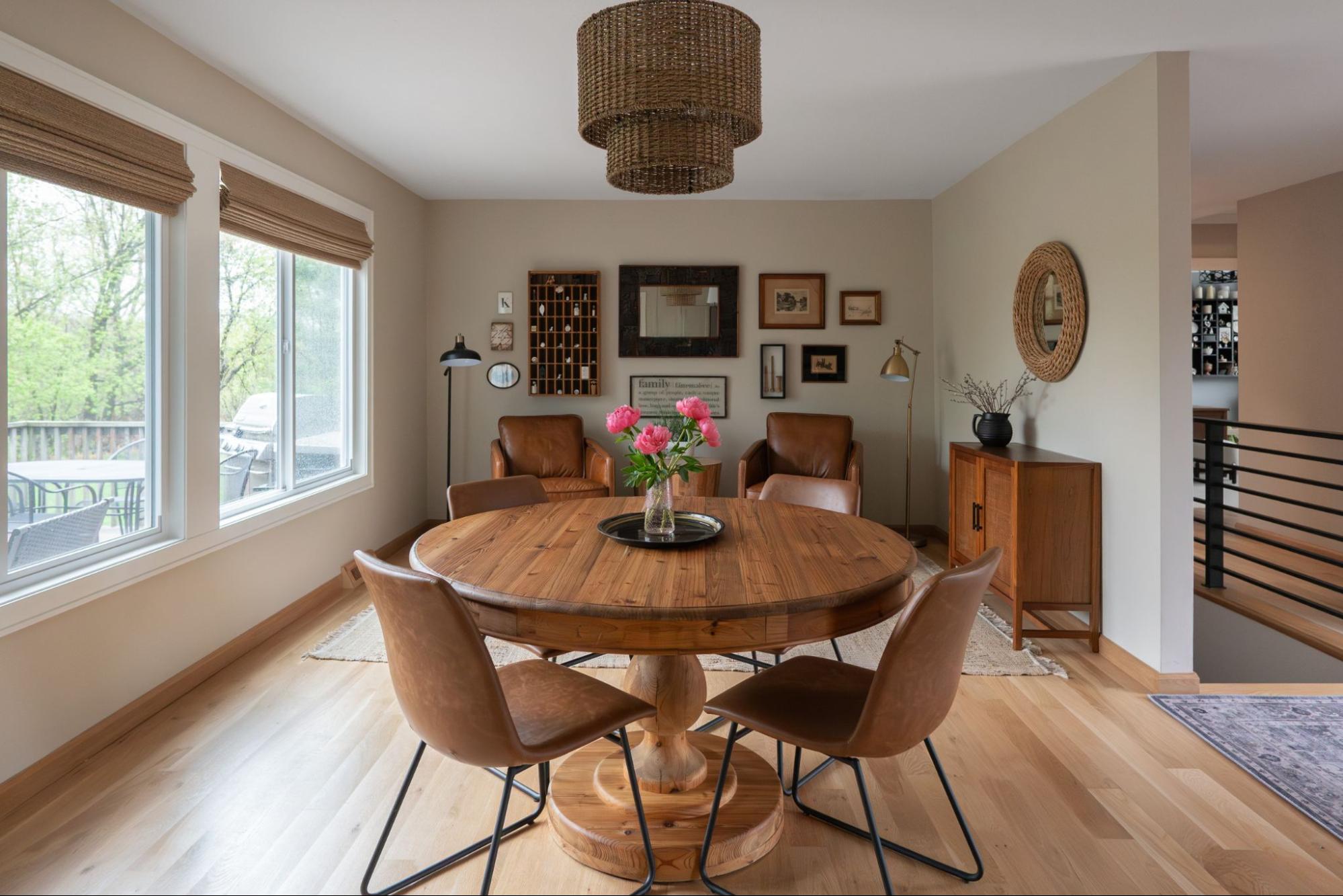 a dining area with a mixture of wooden elements and warm brown decor