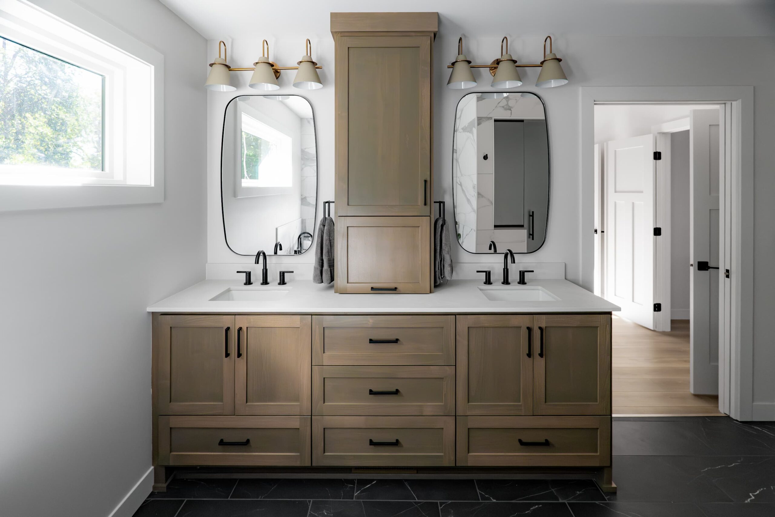 sinks and cabinets in a bathroom