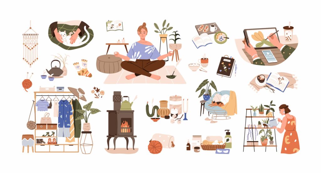 collage of cozy hygge at home activities - painting, yoga, petting cat, eating food.